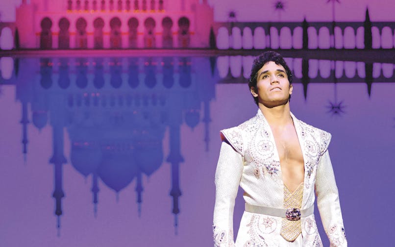 Performer in ornate costume on stage with palace backdrop, Aladdin show.