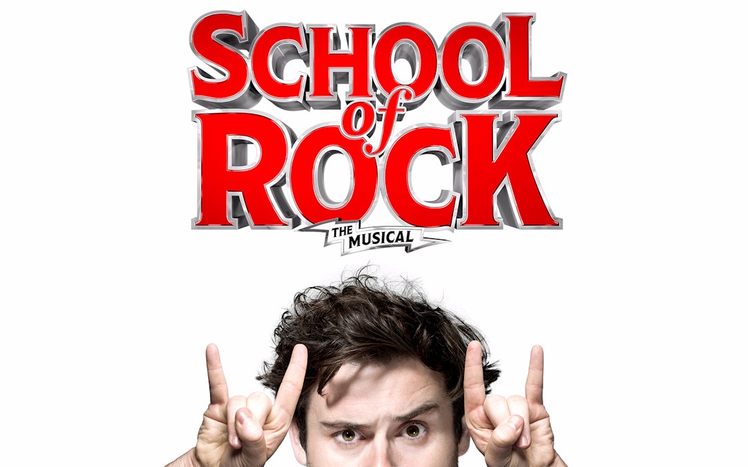 School of Rock musical logo with person making rock hand gesture