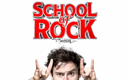 School of Rock musical logo with person making rock hand gesture