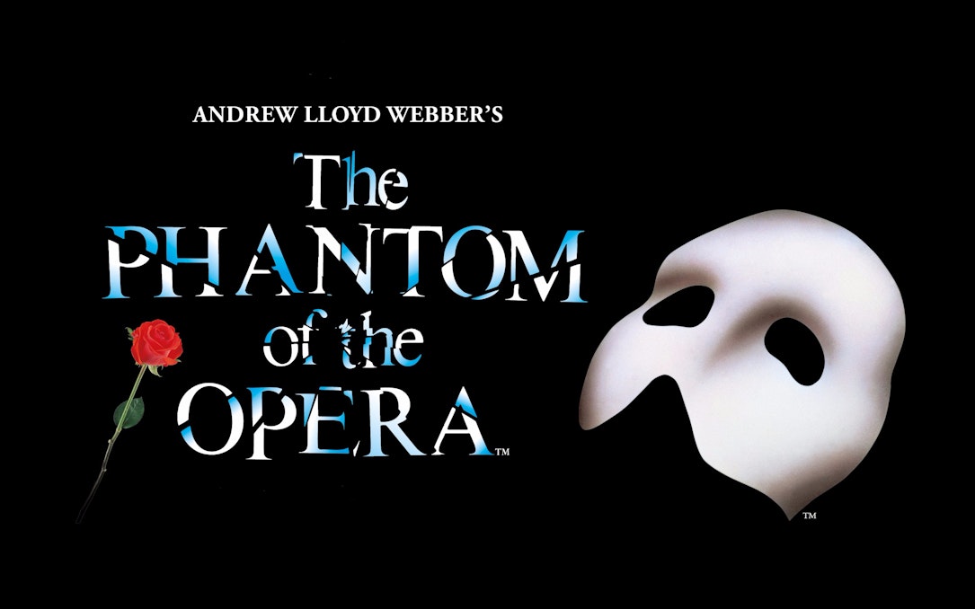 Phantom of the Opera logo with mask and red rose.