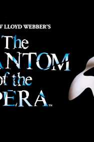 Phantom of the Opera logo with mask and red rose.