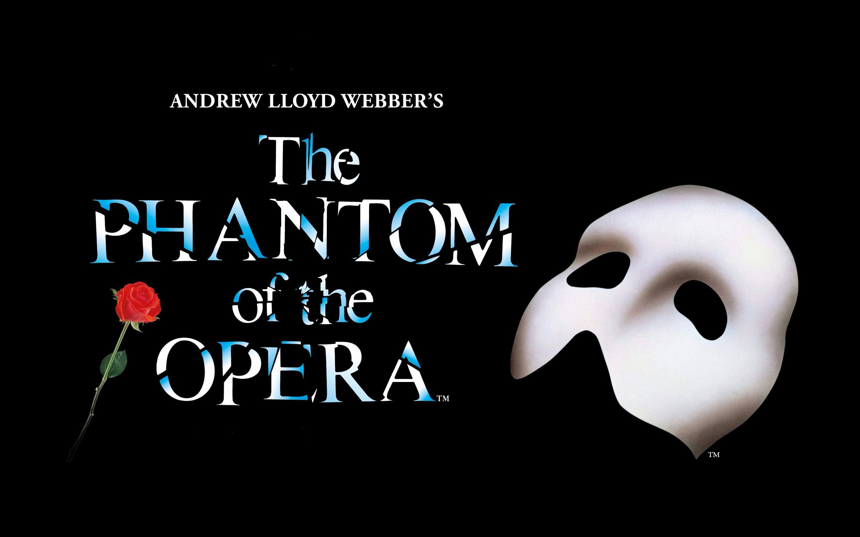 Phantom of the Opera logo with mask and red rose.