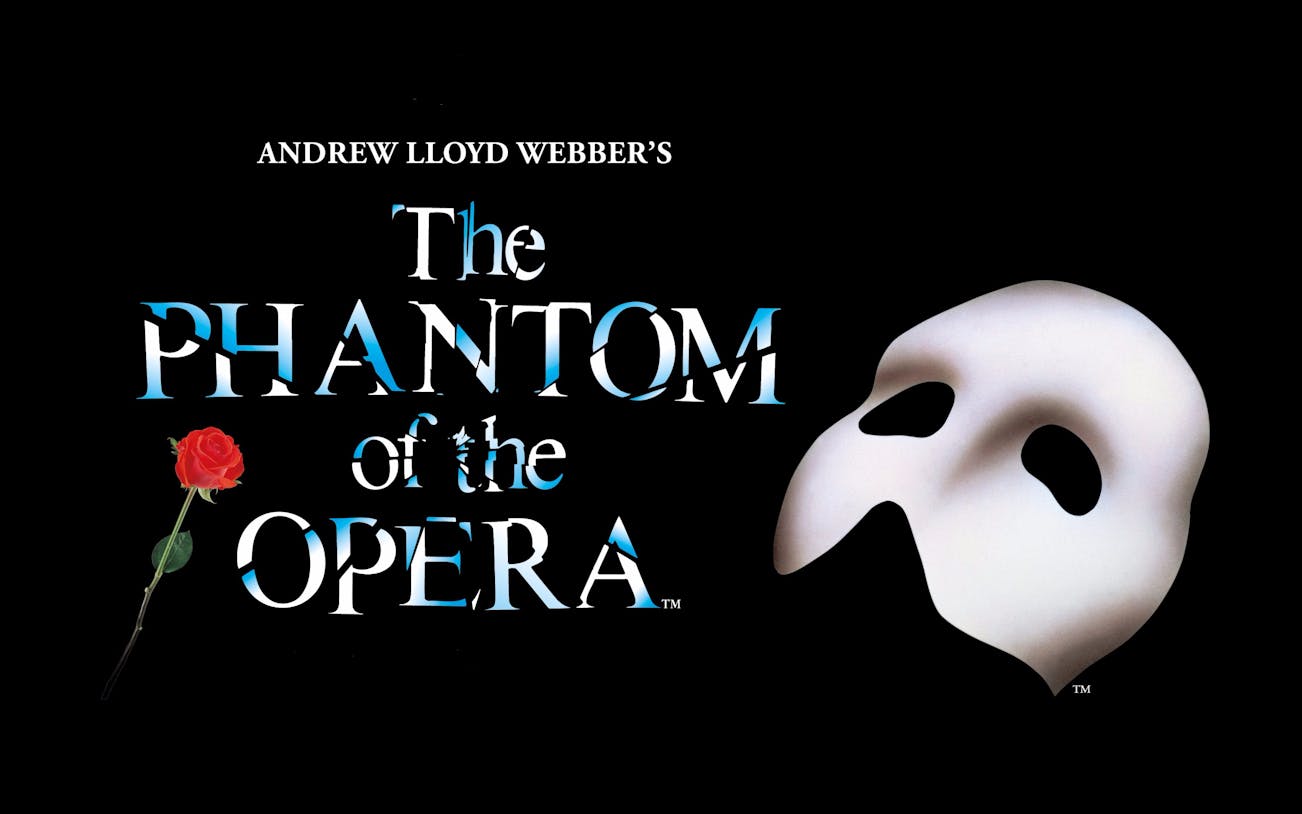 Phantom of the Opera logo with mask and red rose.