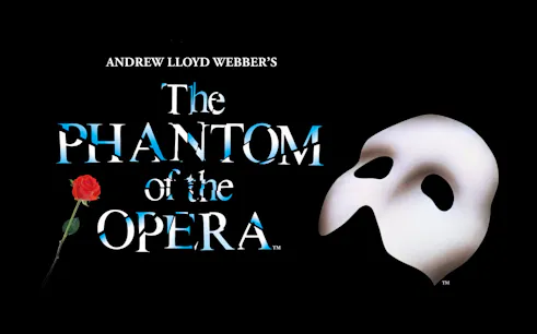 Phantom of the Opera logo with mask and red rose.