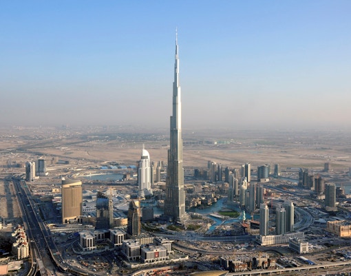 Aerial view of Dubai skyline featuring Burj Khalifa on the Future of Dubai City Tour.