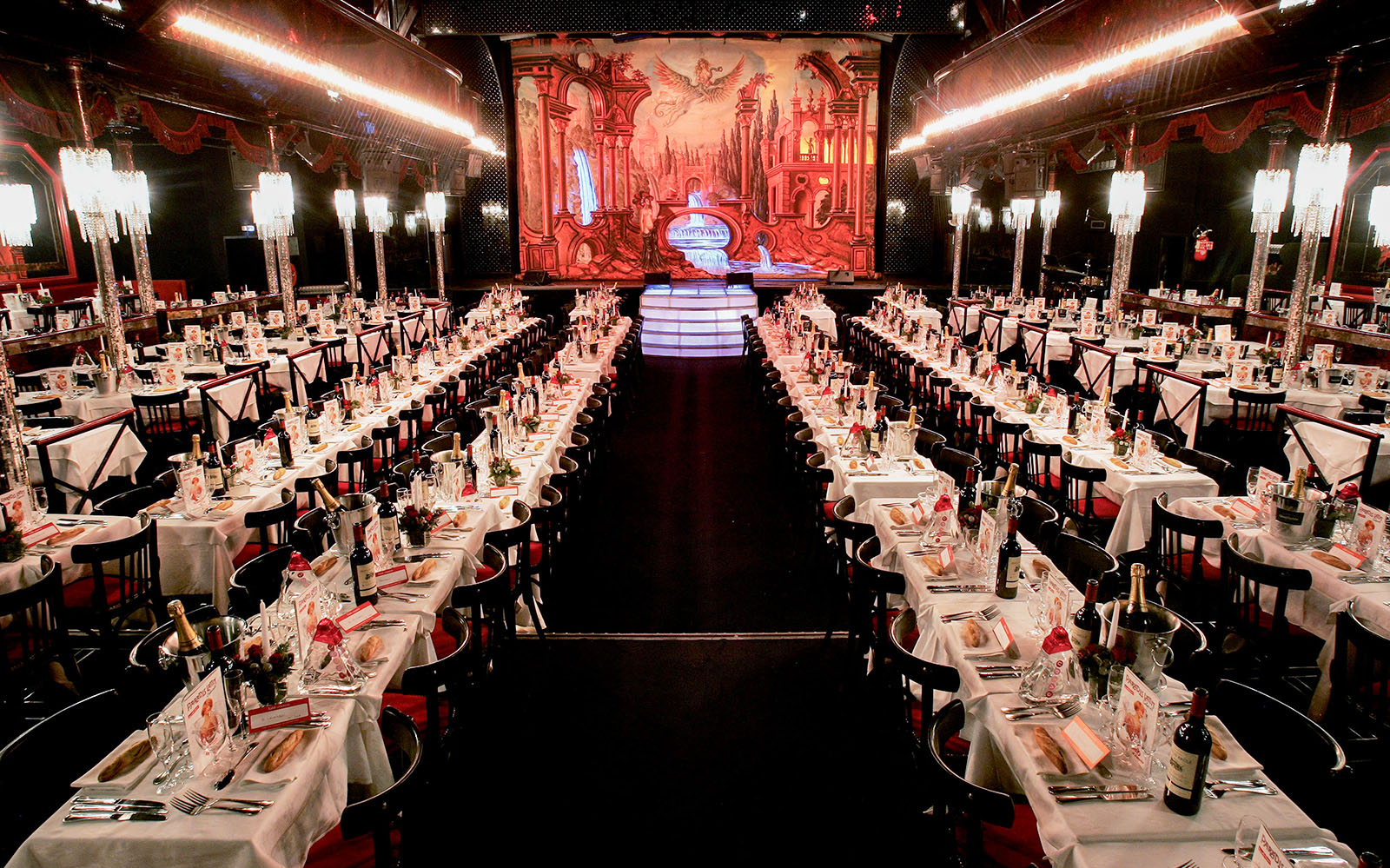 Dining tables set for guests at Paradis Latin cabaret, Paris.