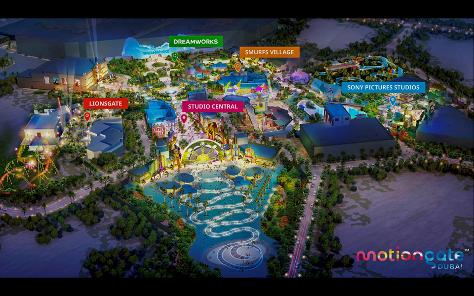Aerial view of MOTIONGATE™ Dubai theme park with labeled zones: DreamWorks, Smurfs Village, Lionsgate.