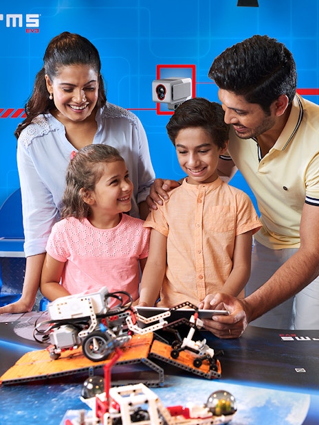 Family exploring robotics at Legoland Dubai.