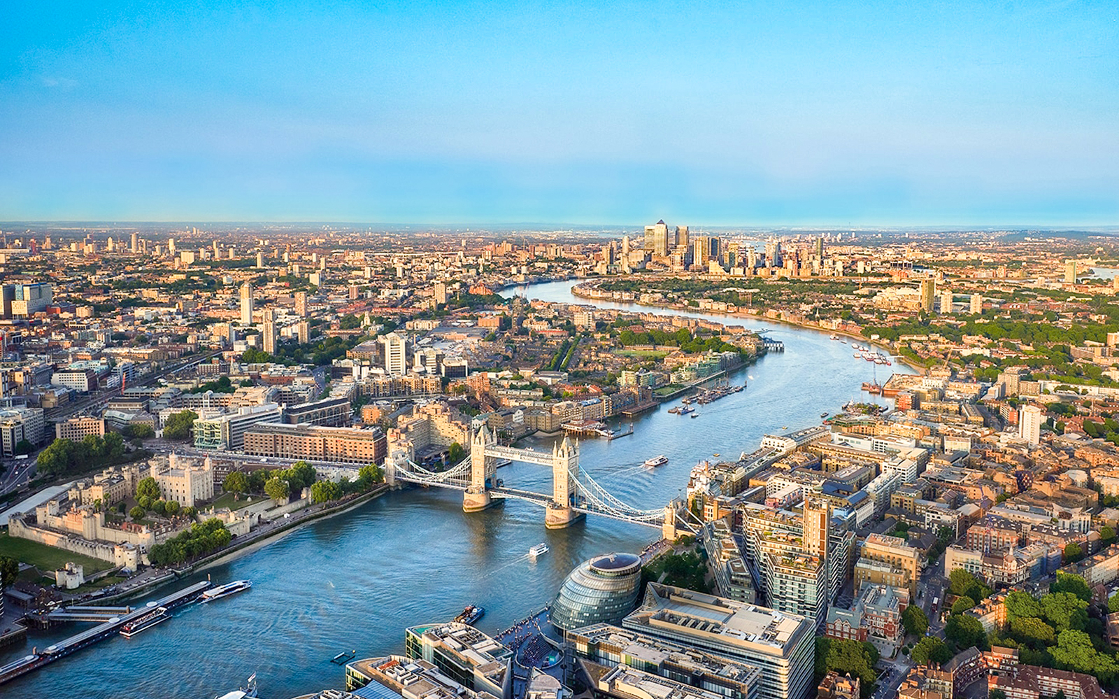 Aerial view of London with Tower Bridge and River Thames from the Shard.