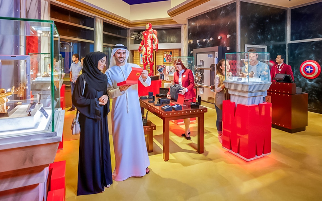 Visitors exploring Marvel exhibits at IMG Worlds of Adventure, Dubai.