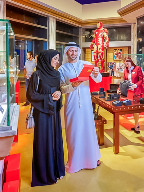 Visitors exploring Marvel exhibits at IMG Worlds of Adventure, Dubai.