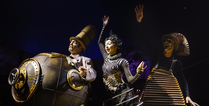 Performers in steampunk costumes at Cirque du Soleil Kurios show.
