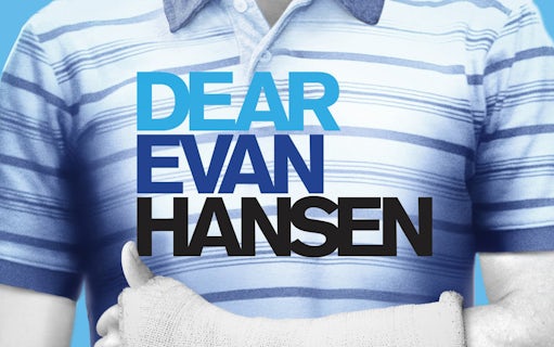 Dear Evan Hansen logo on a striped shirt with a casted arm