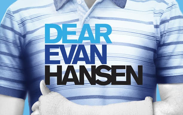 Dear Evan Hansen logo on a striped shirt with a casted arm