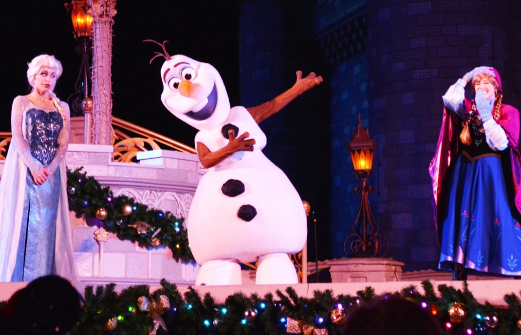Characters from Frozen performing at Disney World stage.