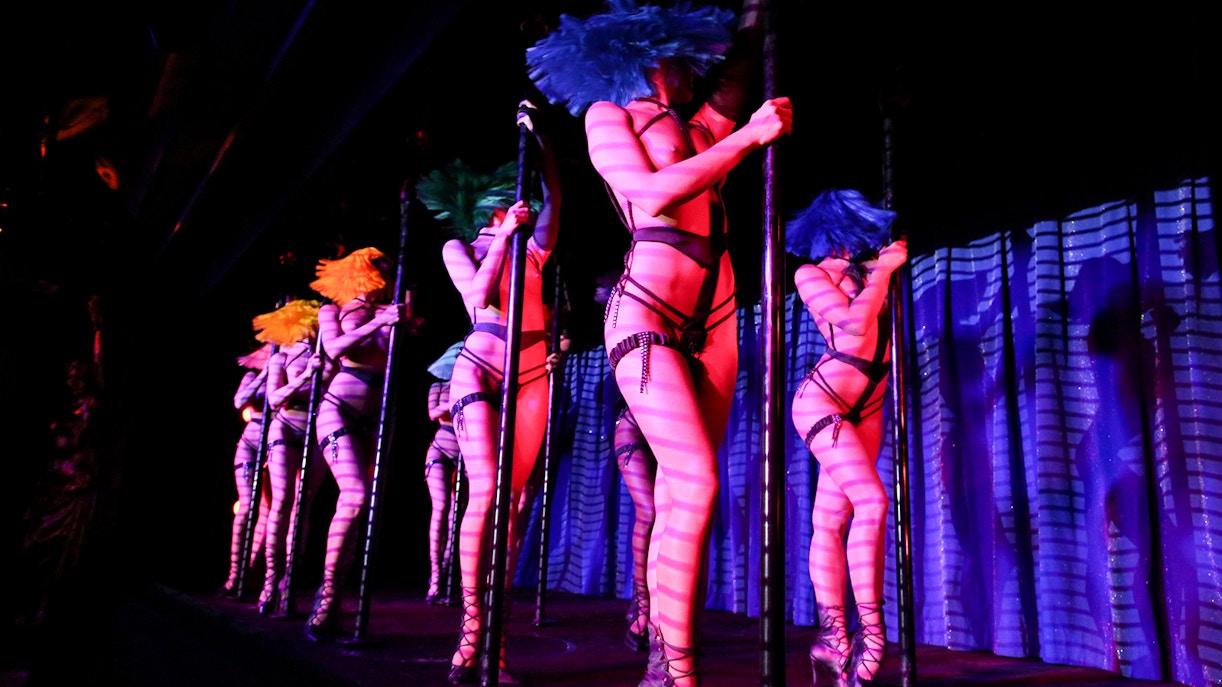 Performance artística no cabaré Crazy Horse em Paris, com dançarinas iluminadas por luzes vibrantes.