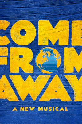 Come From Away musical logo with a globe on blue wood background