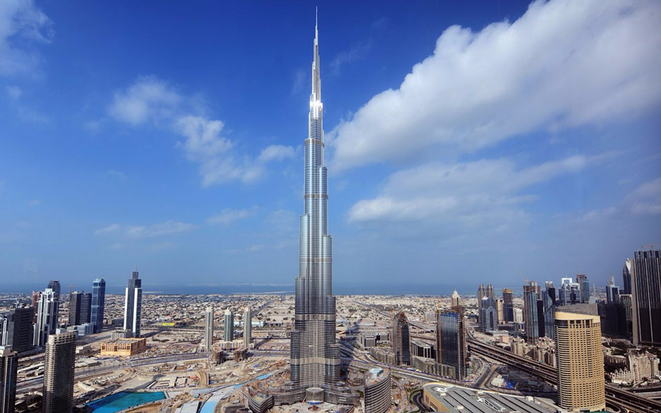 Burj Khalifa towering over Dubai skyline, view from Level 124 & 125.