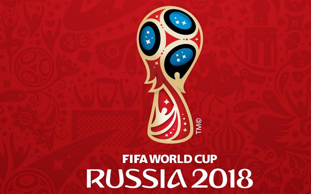 2018 FIFA World Cup logo with red background and trophy design