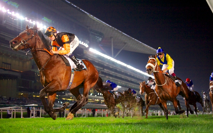 Horse racing event at Meydan Racecourse, Dubai, with spectators in the grandstand.