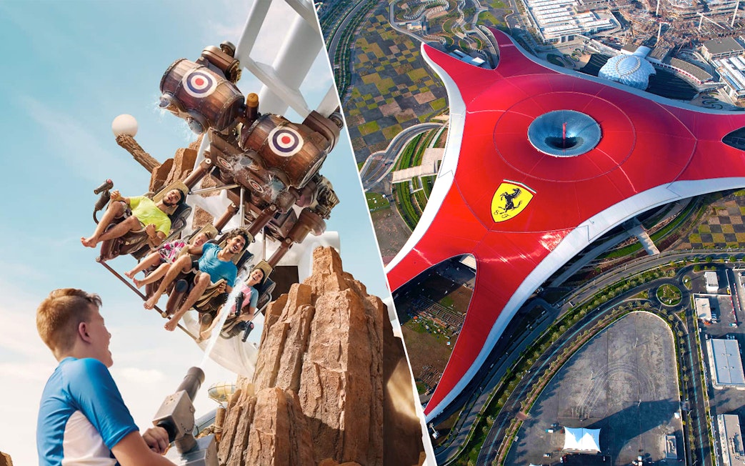 Visitors enjoying a ride at Yas Waterworld and aerial view of Ferrari World in Abu Dhabi.