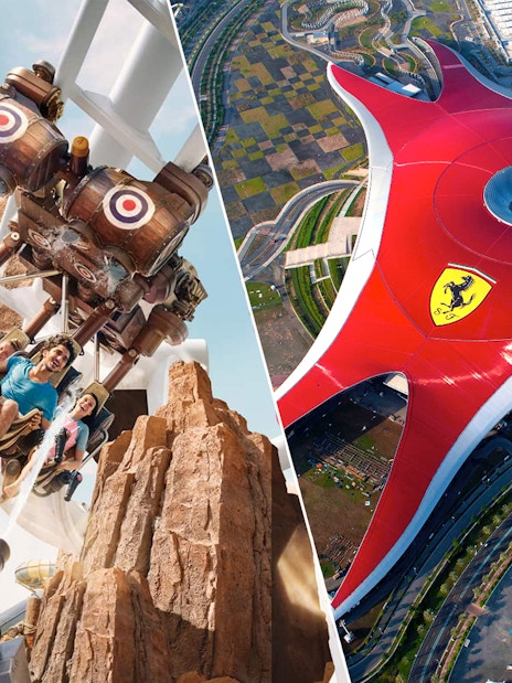 Visitors enjoying a ride at Yas Waterworld and aerial view of Ferrari World in Abu Dhabi.