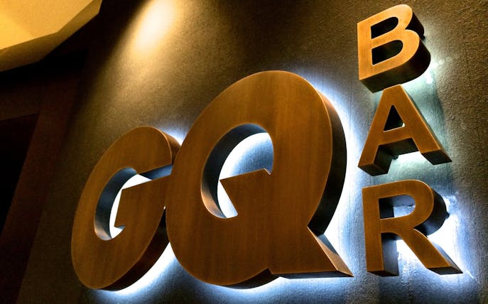 GQ Bar sign illuminated, venue for Fifty Shades of Gold: New Year's Eve Party.
