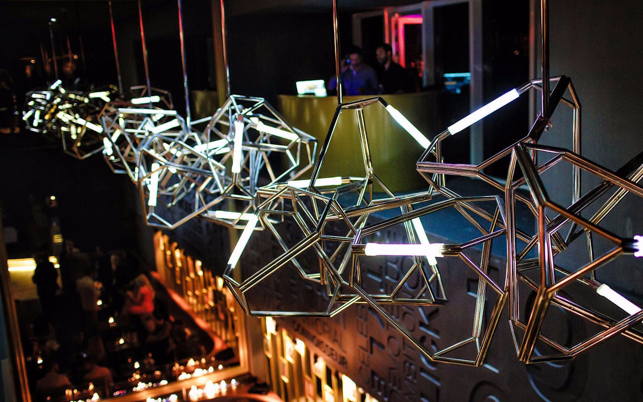 Geometric light fixtures at Fifty Shades of Gold New Year's Eve Party venue.