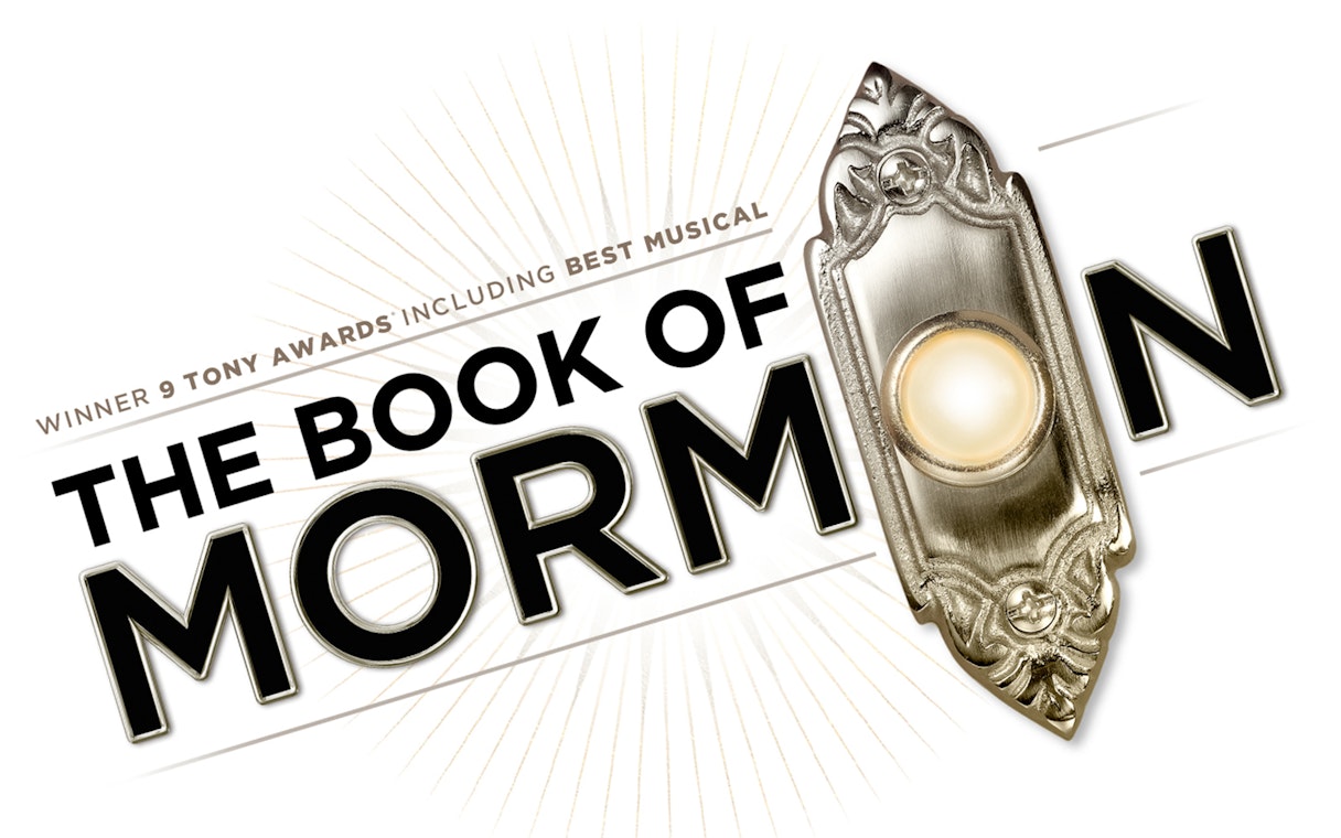 The Book of Mormon musical logo with doorbell design.