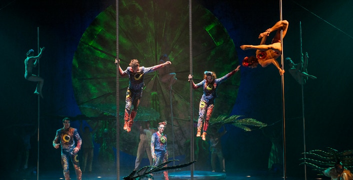 Performers in vibrant costumes on poles during Cirque Luzia show.