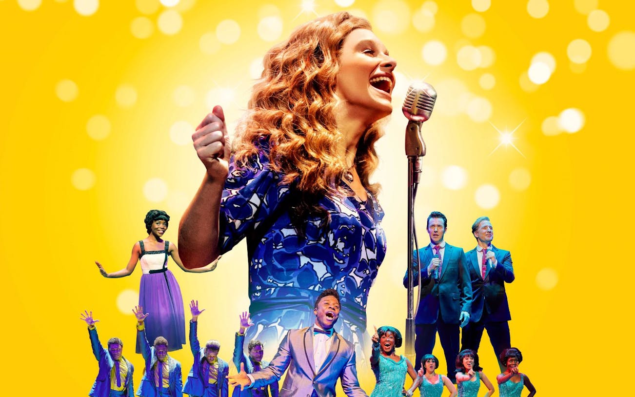 Performers singing in "Beautiful: The Carole King Musical" with vibrant yellow background.