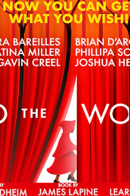 Into The Woods musical poster with red curtains and cast names.