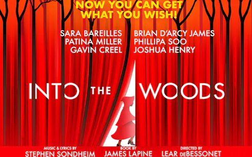 Into The Woods musical poster with red curtains and cast names.